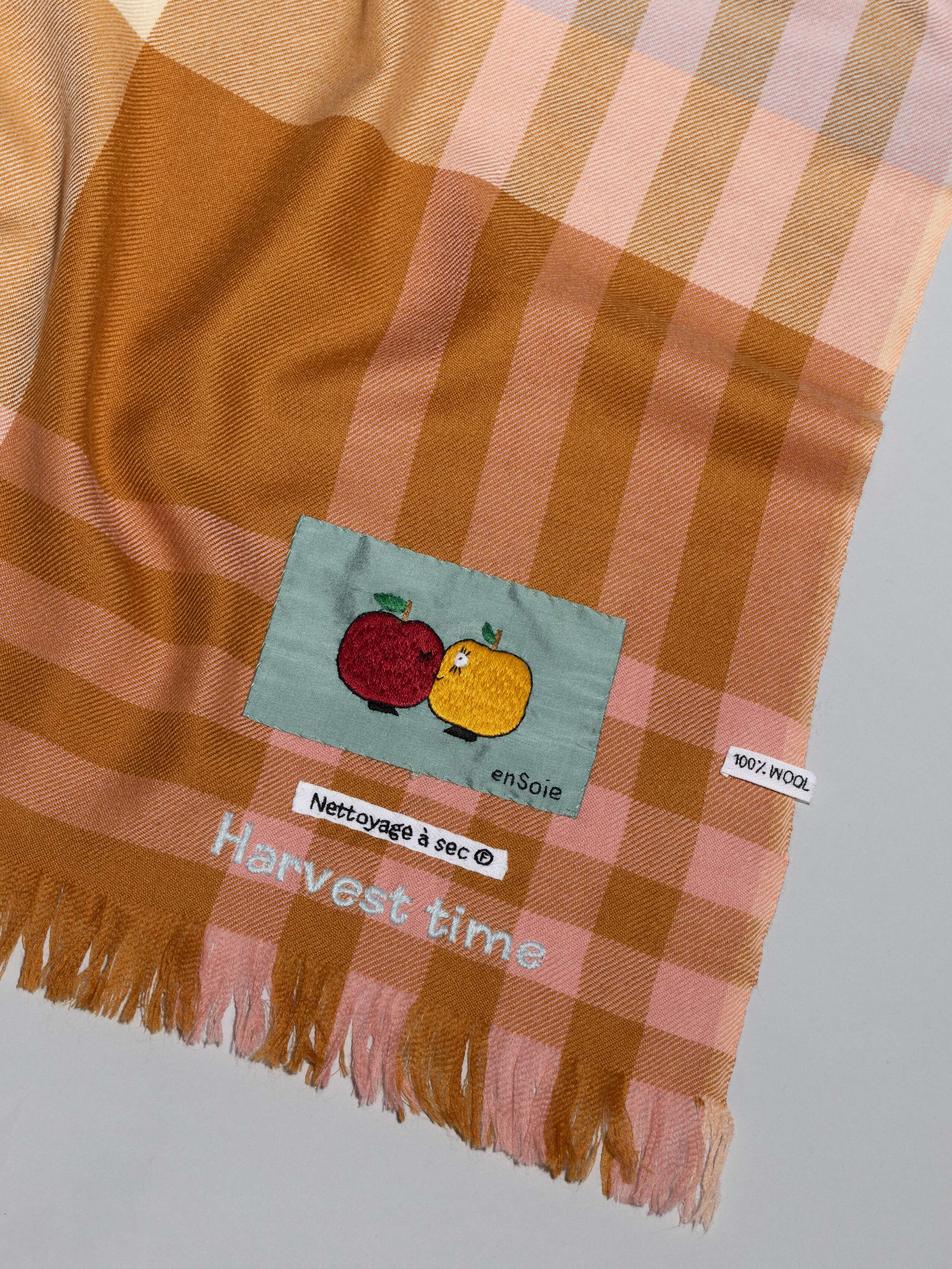 multicolour wool scarf in warm brown rose beige shades with apple embroidery
