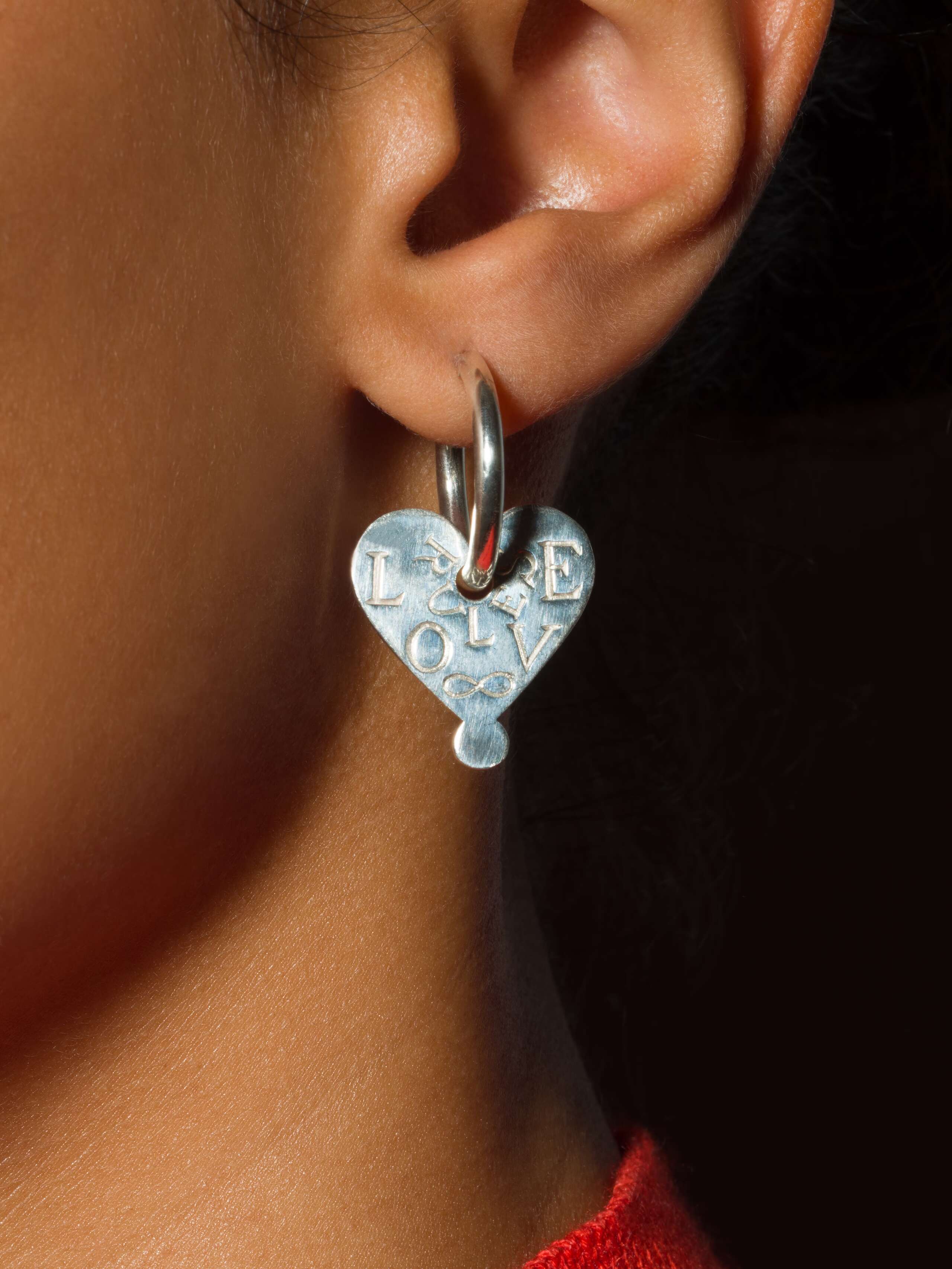 Heart tag creole pendant sterling silver large