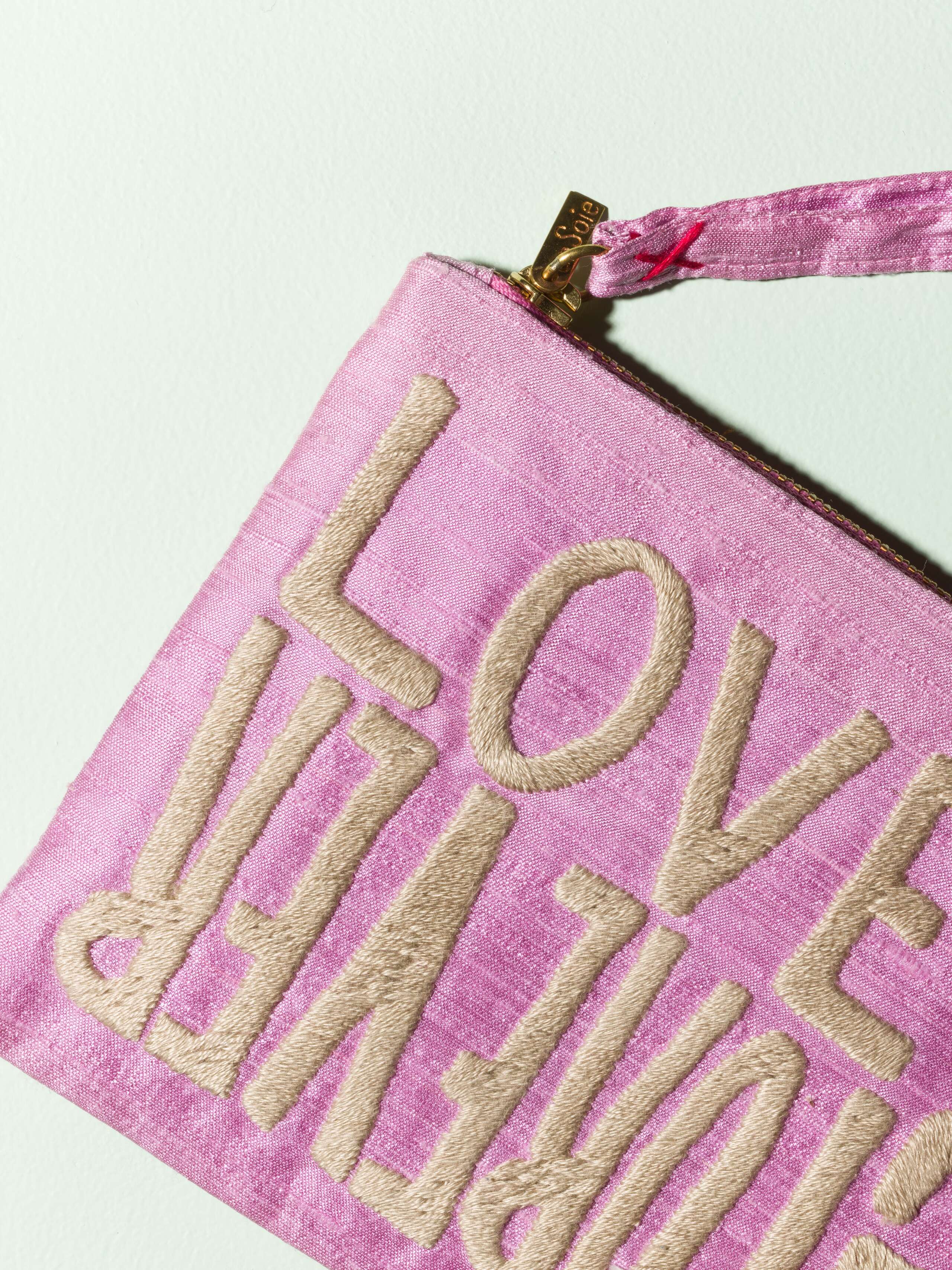 Beautiful silk clutch, Love rules forever embroidery enSoie embroidery, pink pale purple
