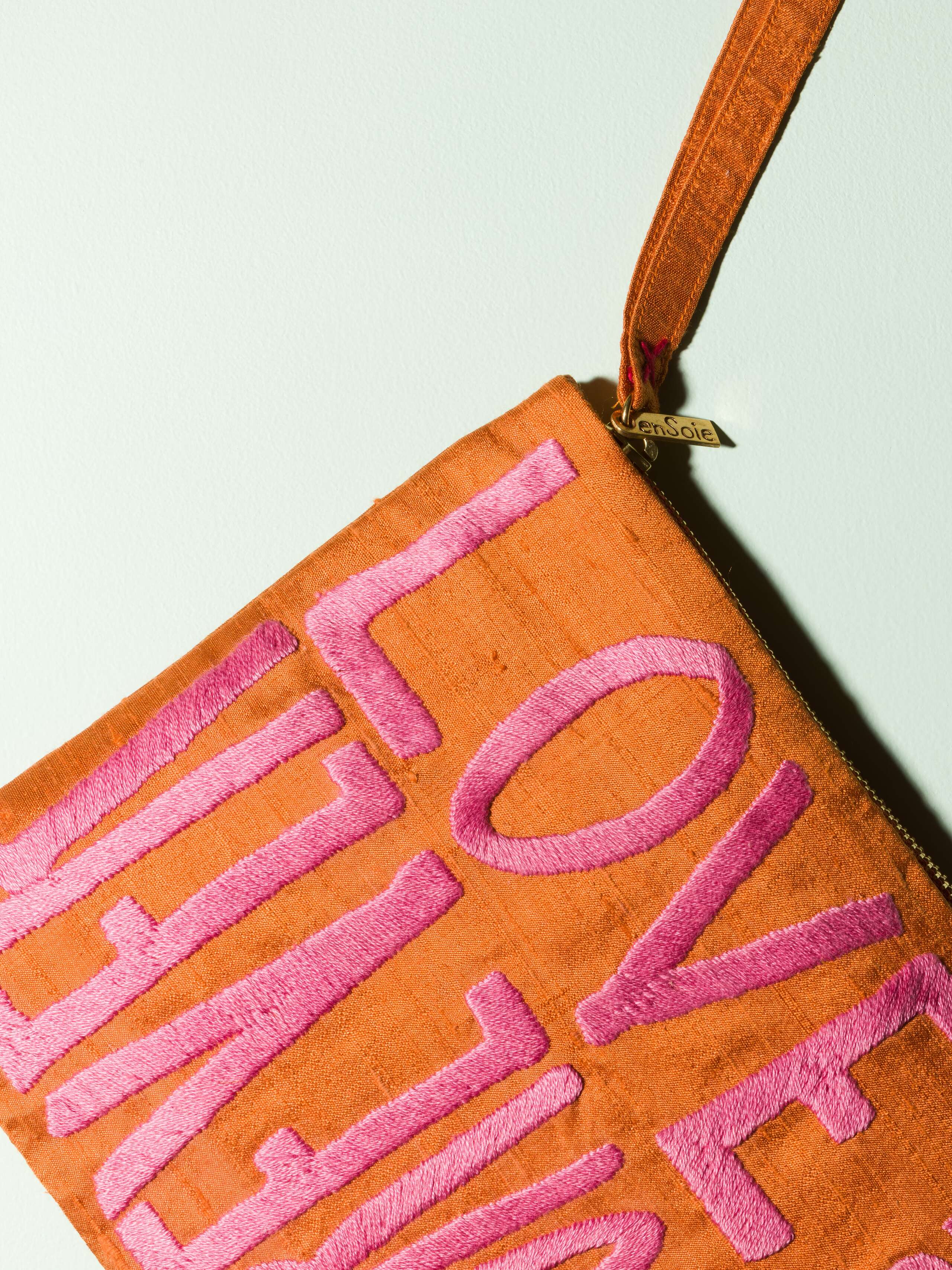 Beautiful silk clutch, Love rules forever embroidery enSoie embroidery, pink with orange silk