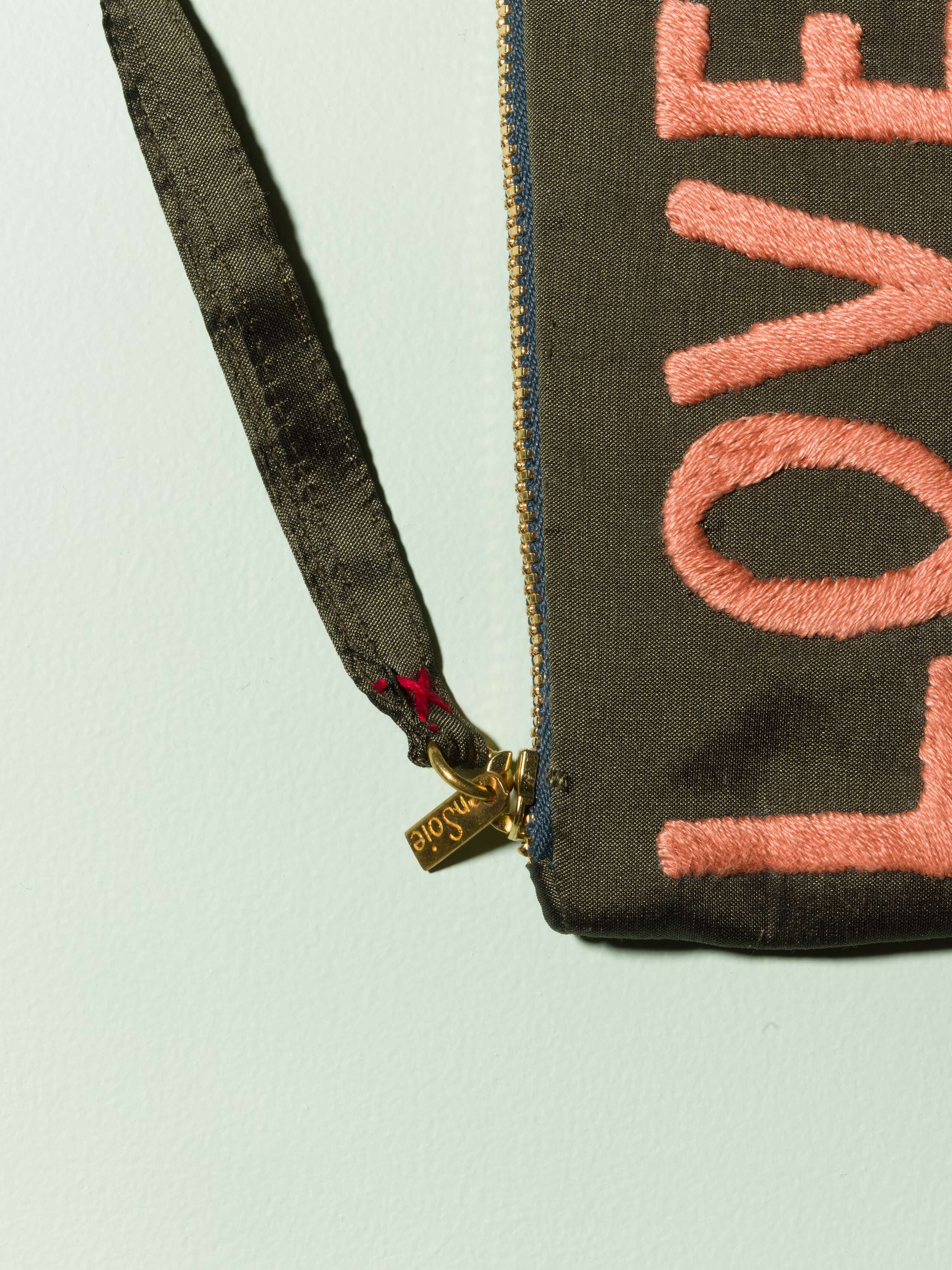 Beautiful silk clutch, Love rules forever embroidery enSoie embroidery, pink embroidery on glossy green grey silk