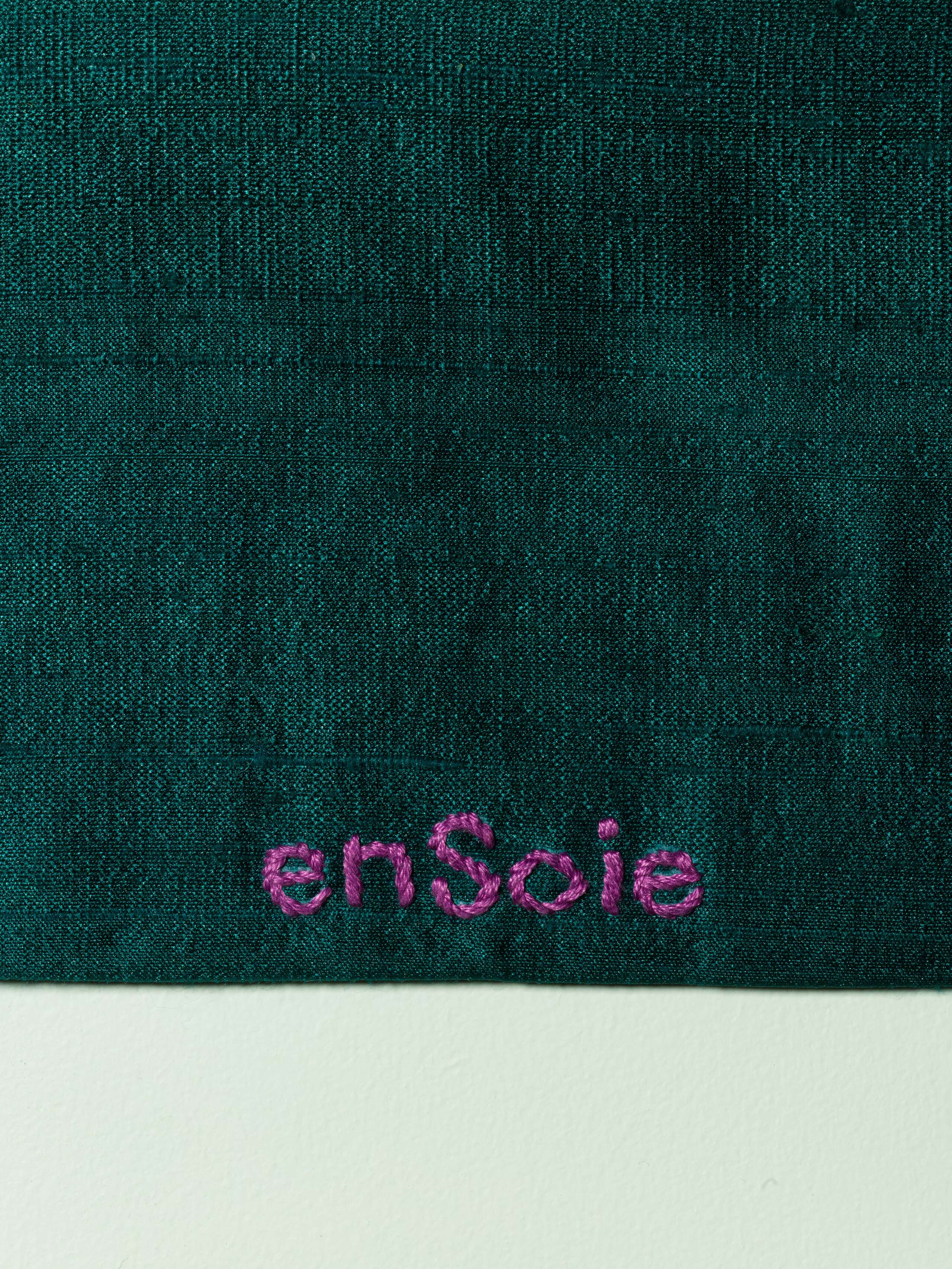 Beautiful silk clutch, Love rules forever embroidery enSoie embroidery, purple embroidery on glossy dark green silk