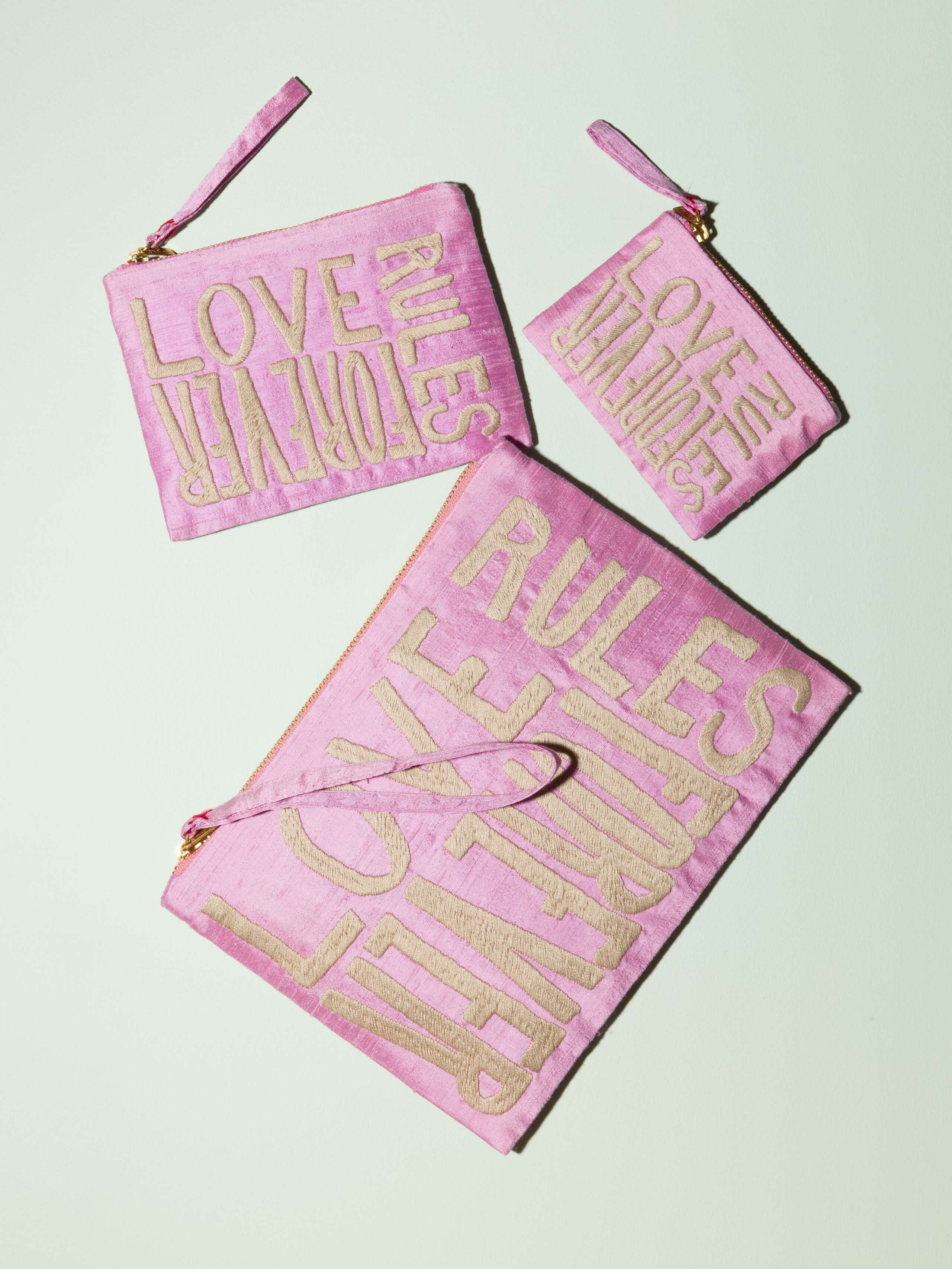 Beautiful silk clutch, Love rules forever embroidery enSoie embroidery, pink pale purple