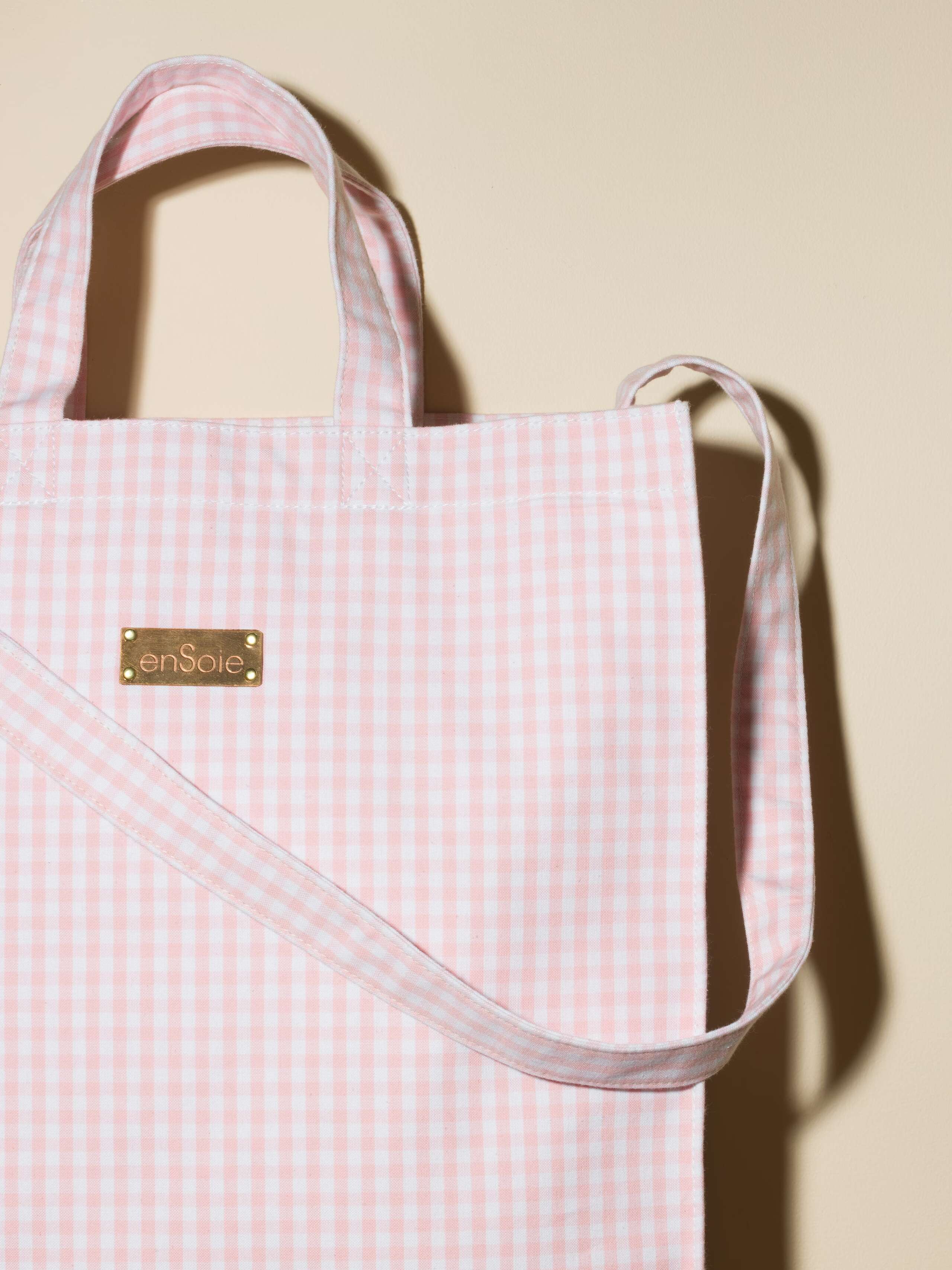 beautiful bag in light pink shade with vichy pattern and enSoie brass tag