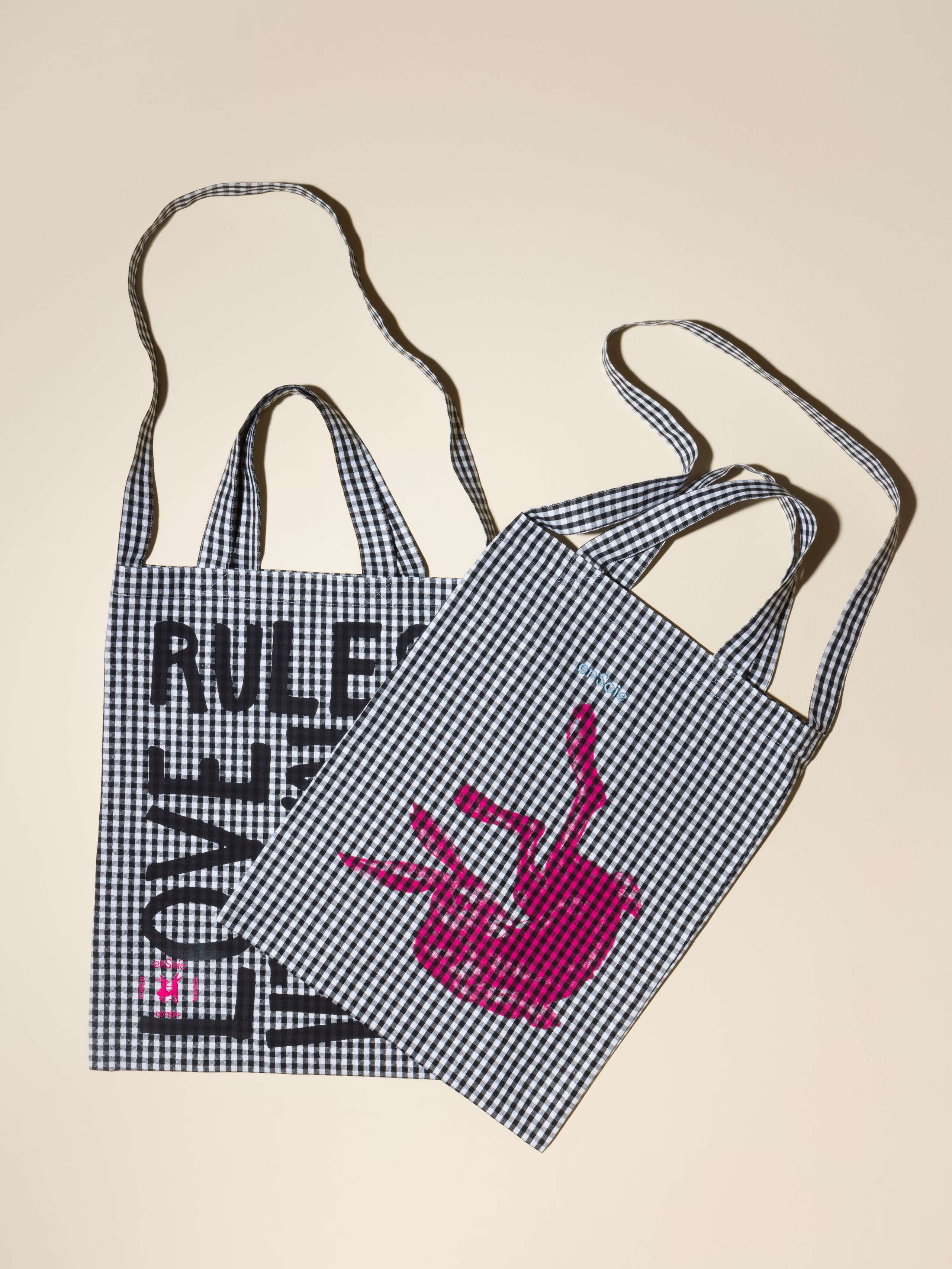 Carry all tote bag vichy hand-screenprinted with love rules forever or rabbit and enSoie embroidery in contrasting colours Black vichy cotton fabric