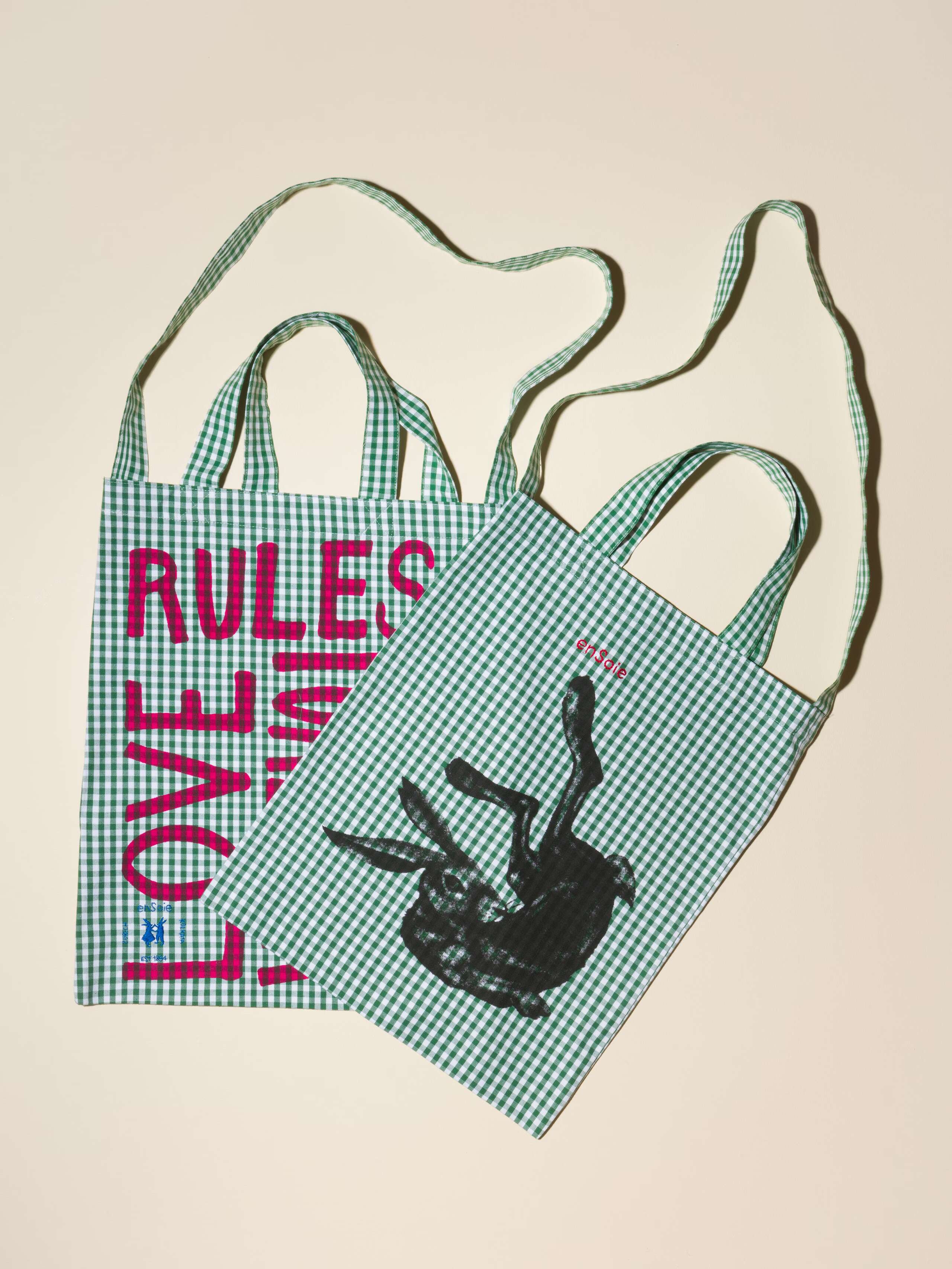 Carry all tote bag vichy hand-screenprinted with love rules forever or rabbit and enSoie embroidery in contrasting colours green vichy cotton fabric