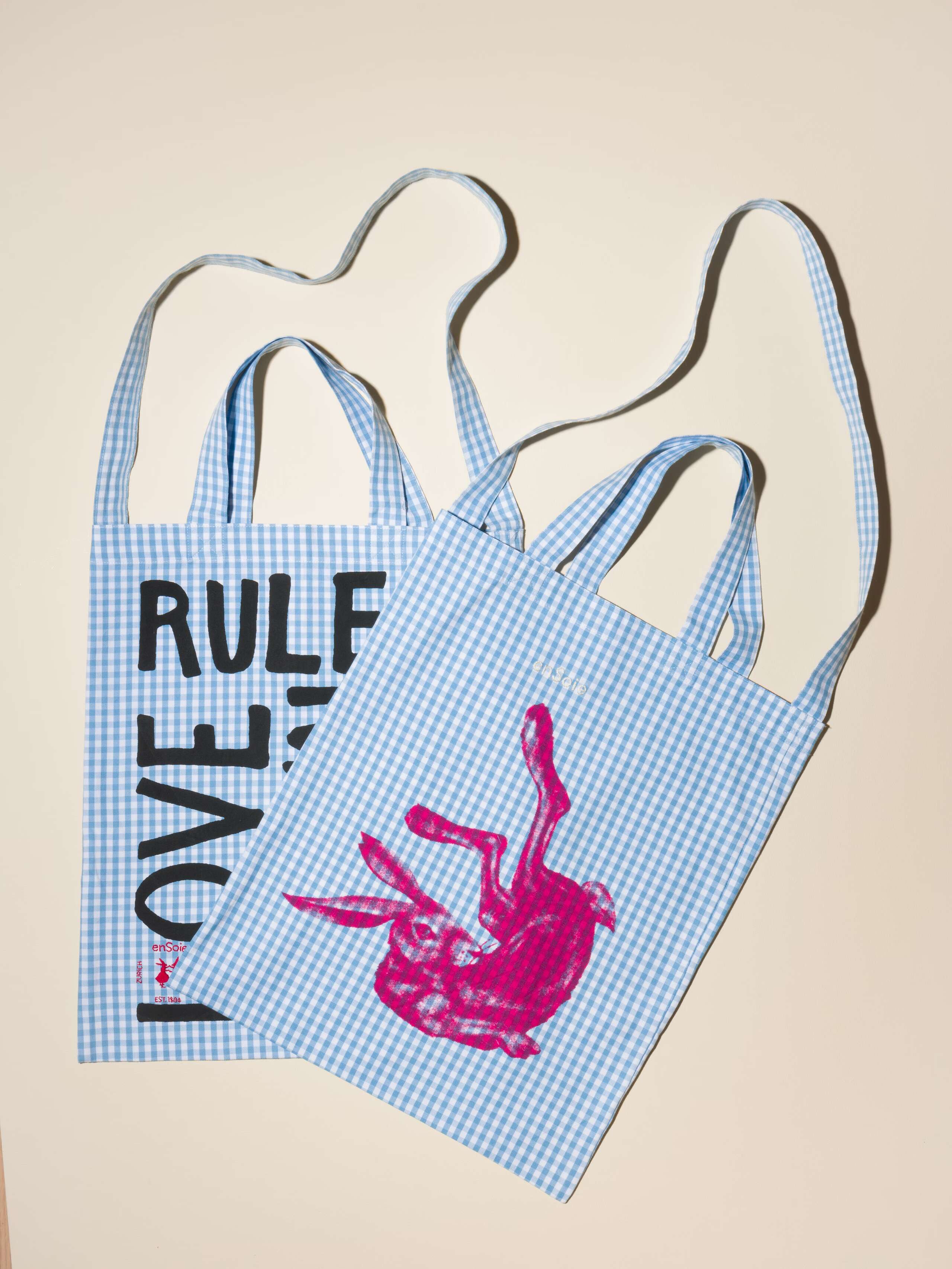 Carry all tote bag vichy hand-screenprinted with love rules forever or rabbit and enSoie embroidery in contrasting colours Light Blue vichy cotton fabric