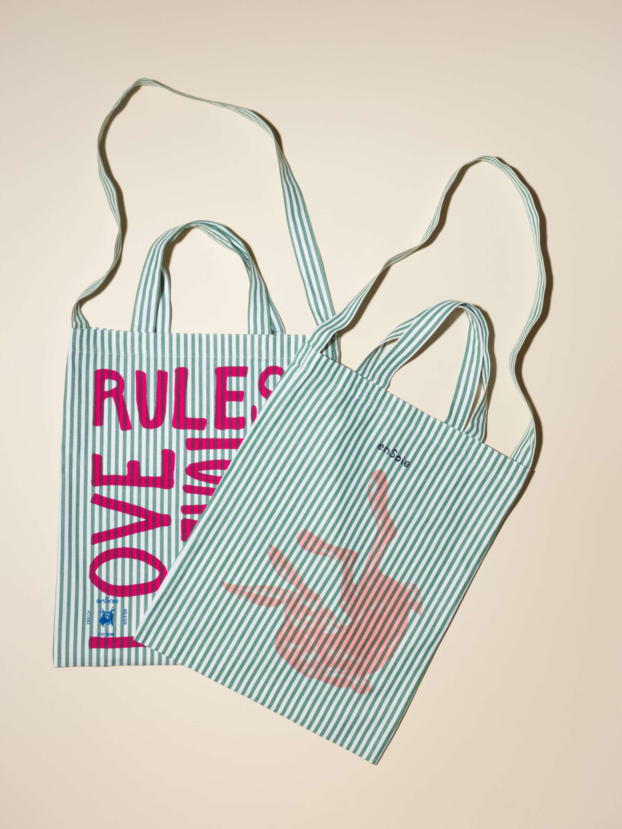 Carry all tote bag striped hand-screenprinted with love rules forever or rabbit and enSoie embroidery in contrasting colours green striped cotton fabric