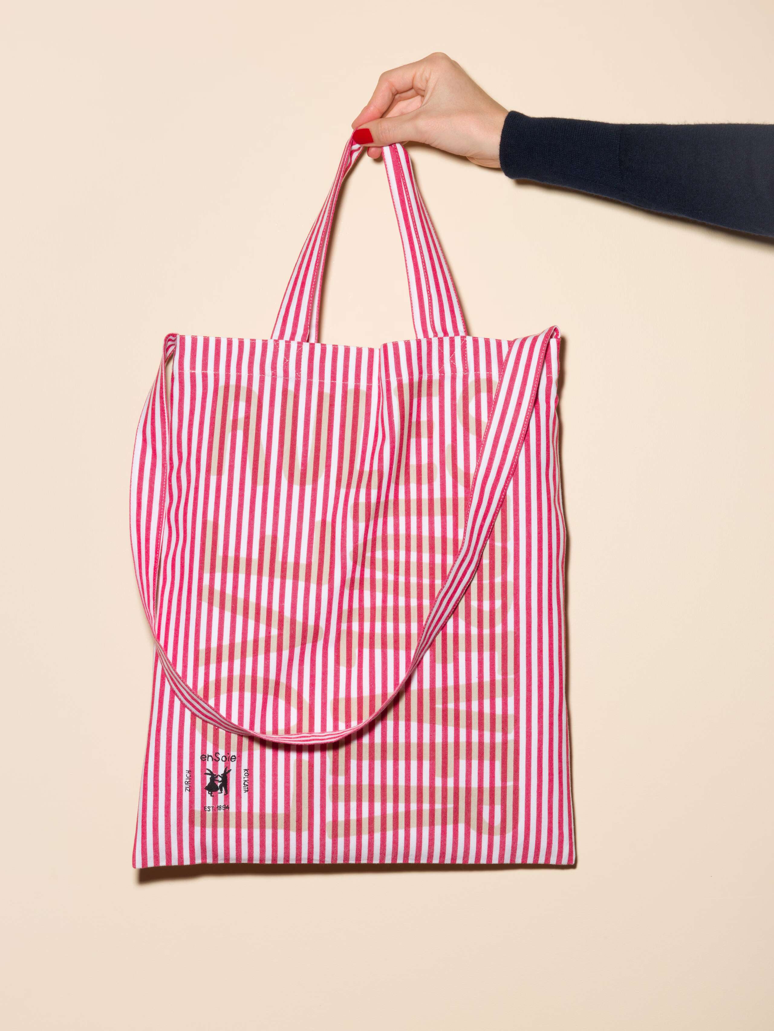 Carry all tote bag striped hand-screenprinted with love rules forever and enSoie embroidery in contrasting colours red striped cotton fabric