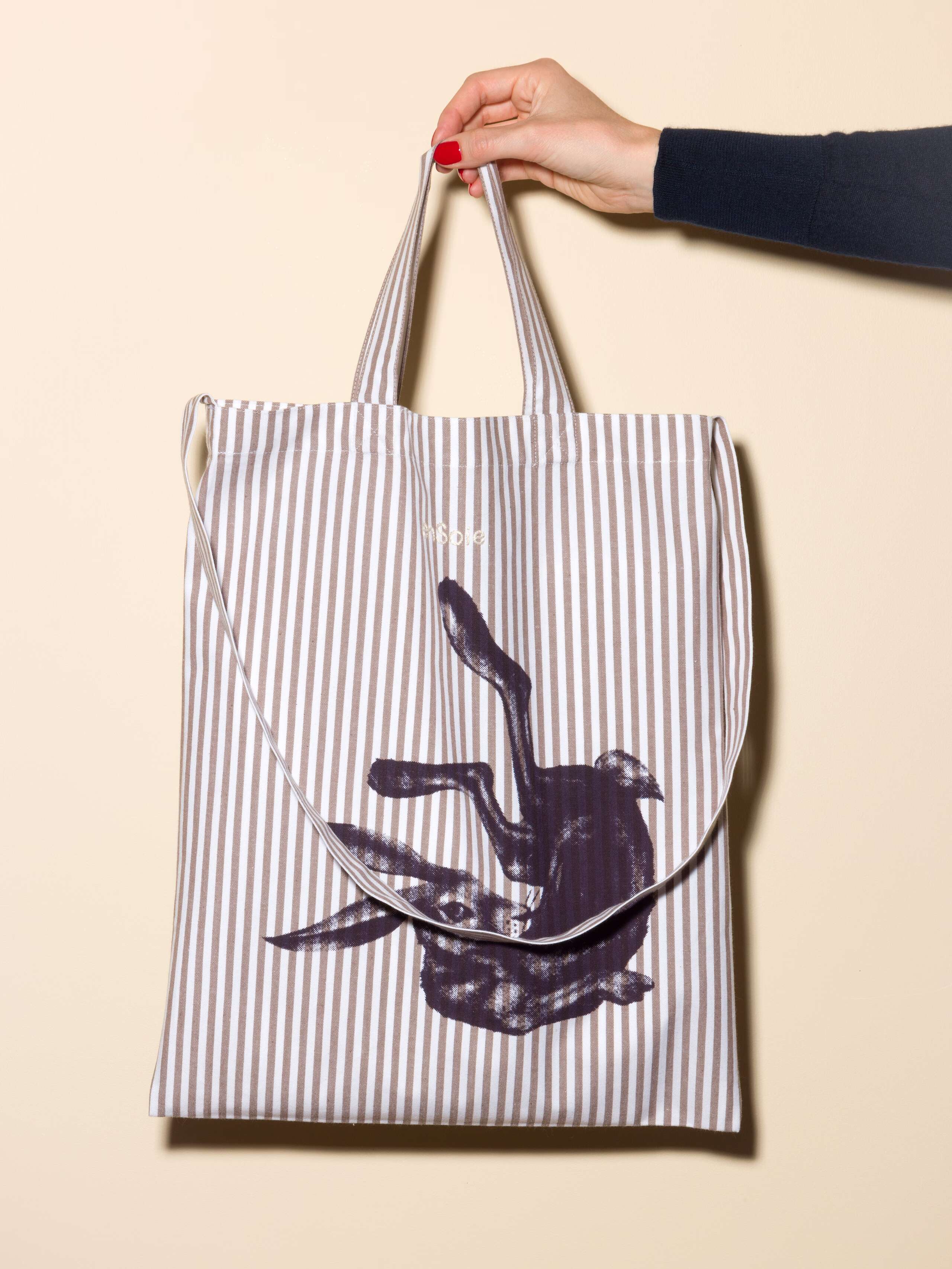 Carry all tote bag striped hand-screenprinted with rabbit and enSoie embroidery in contrasting colours moon rock beige striped cotton fabric