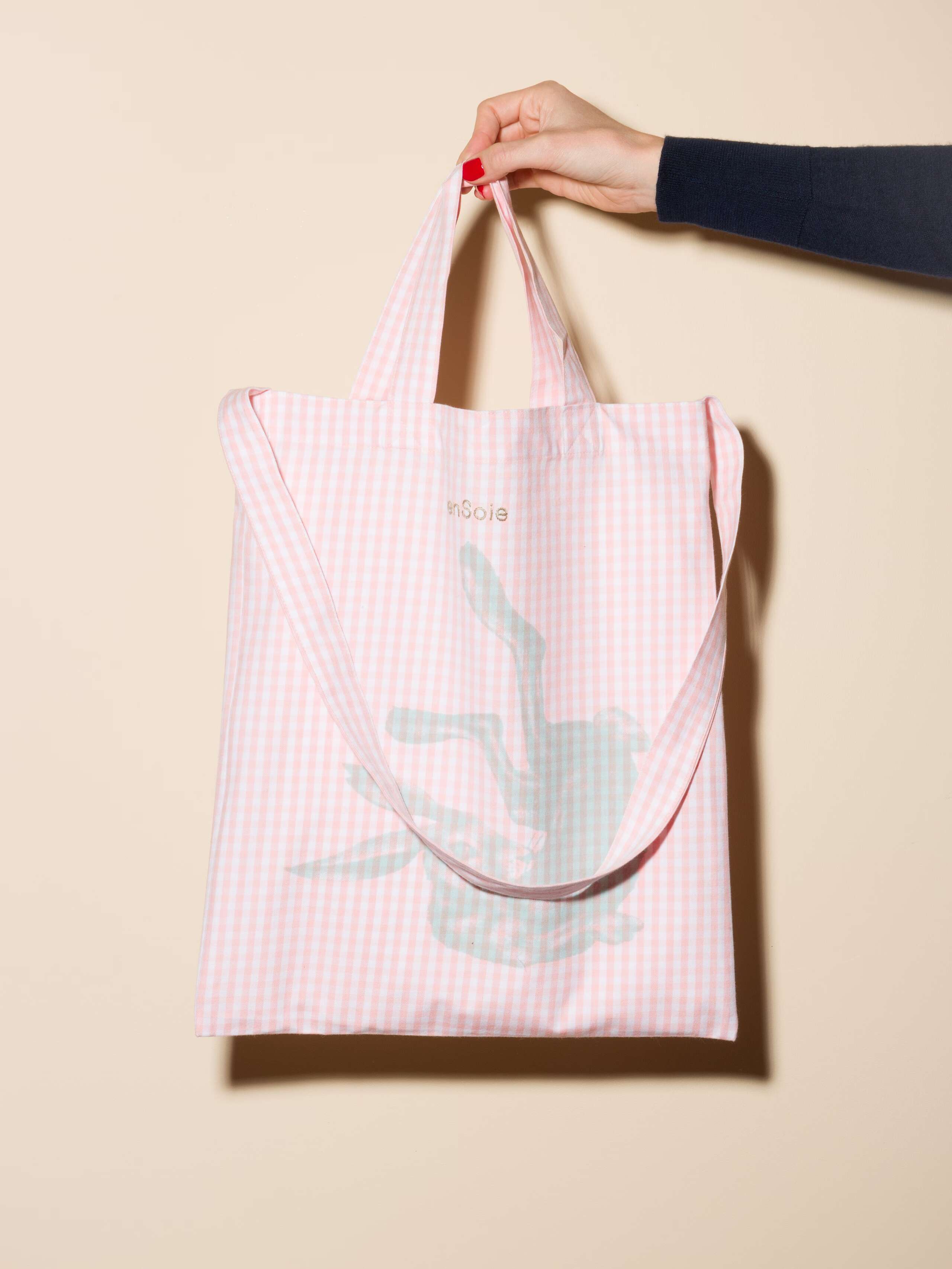 Carry all tote bag vichy hand-screenprinted with rabbit and enSoie embroidery in contrasting colours pink vichy cotton fabric