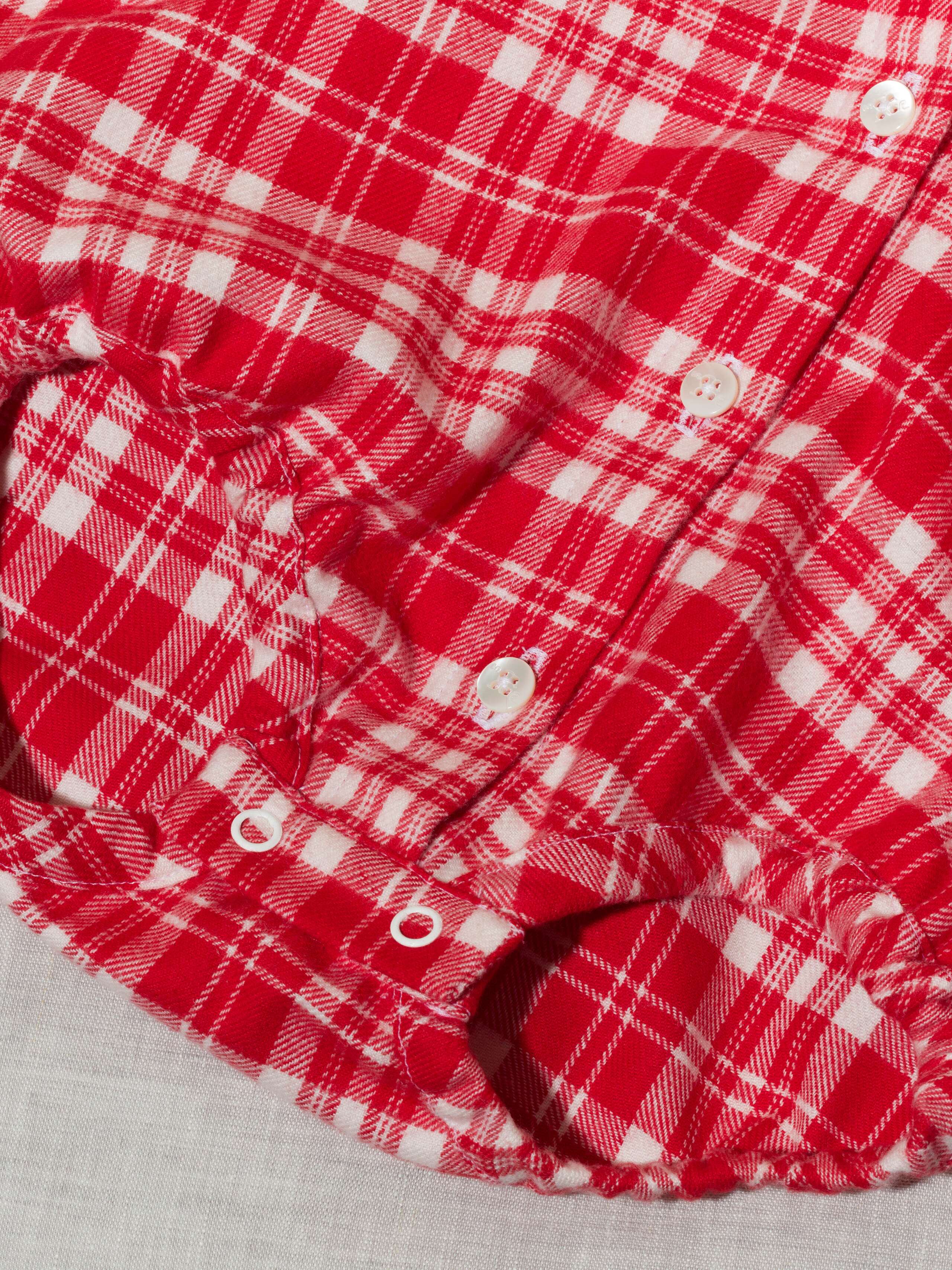 Beautiful handmade cotton flannel baby body in a soft check pattern with long sleeves, red